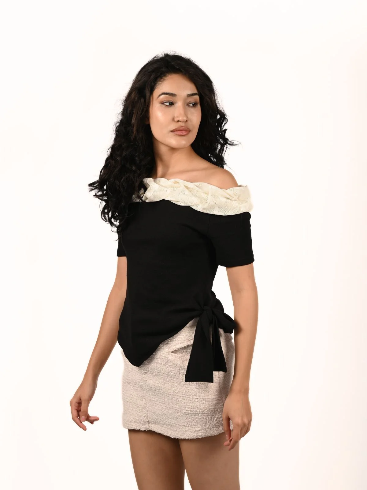 Odette Black Cotton Rib Solid Top For Women - Image 2