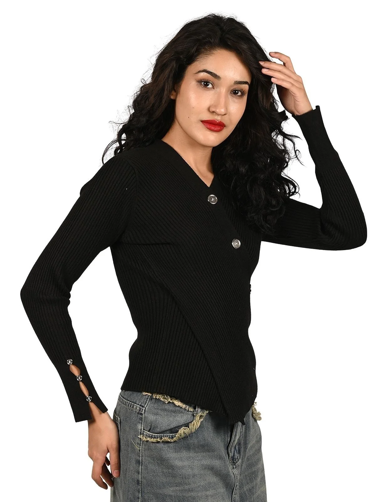 Odette Black Cotton Rib Solid Top For Women - Image 2