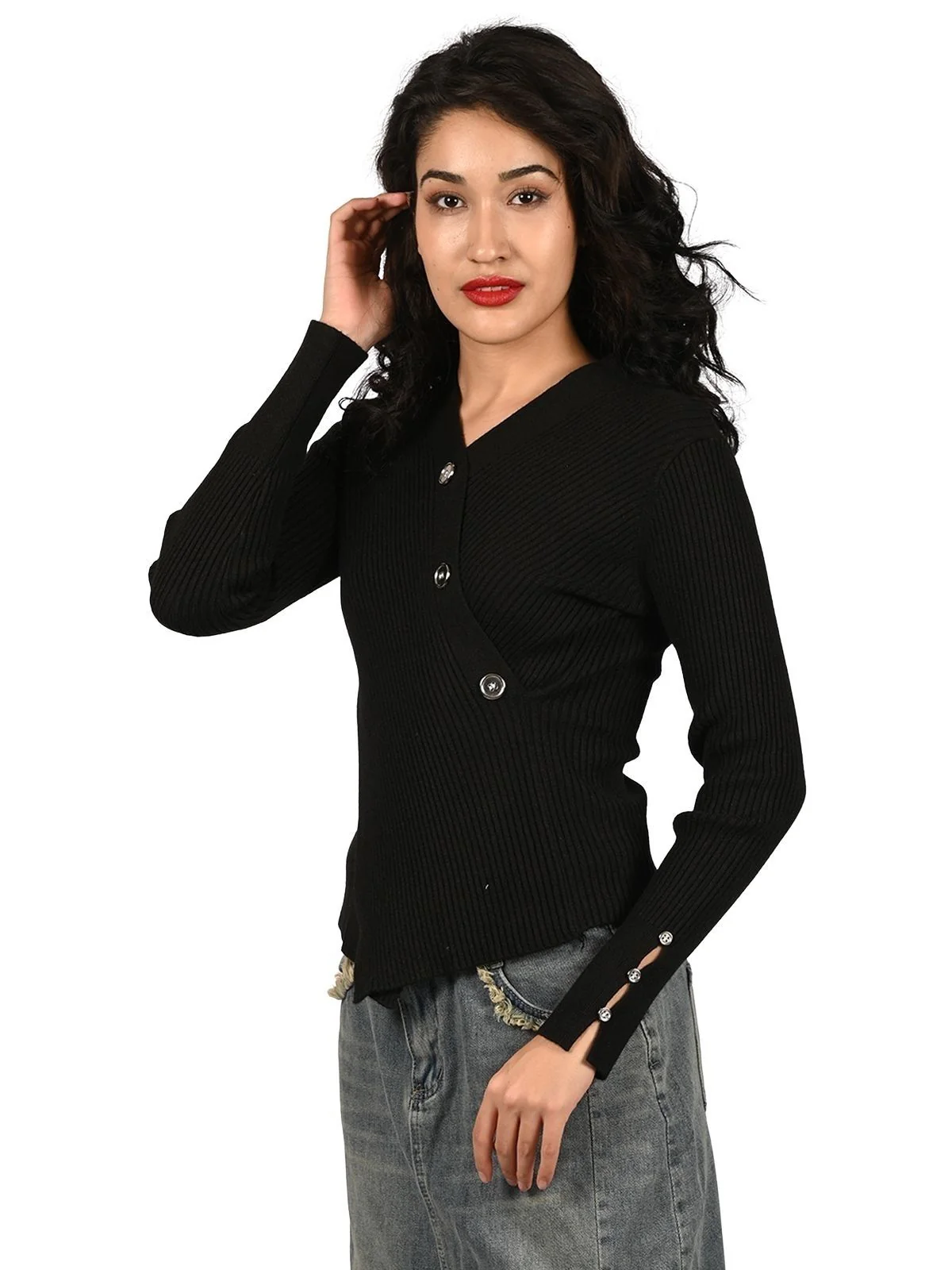 Odette Black Cotton Rib Solid Top For Women - Image 3