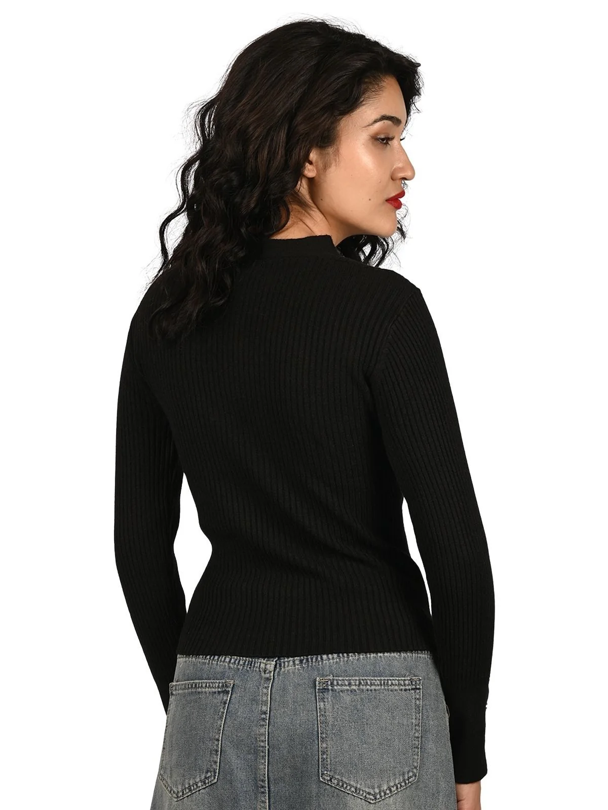 Odette Black Cotton Rib Solid Top For Women - Image 4