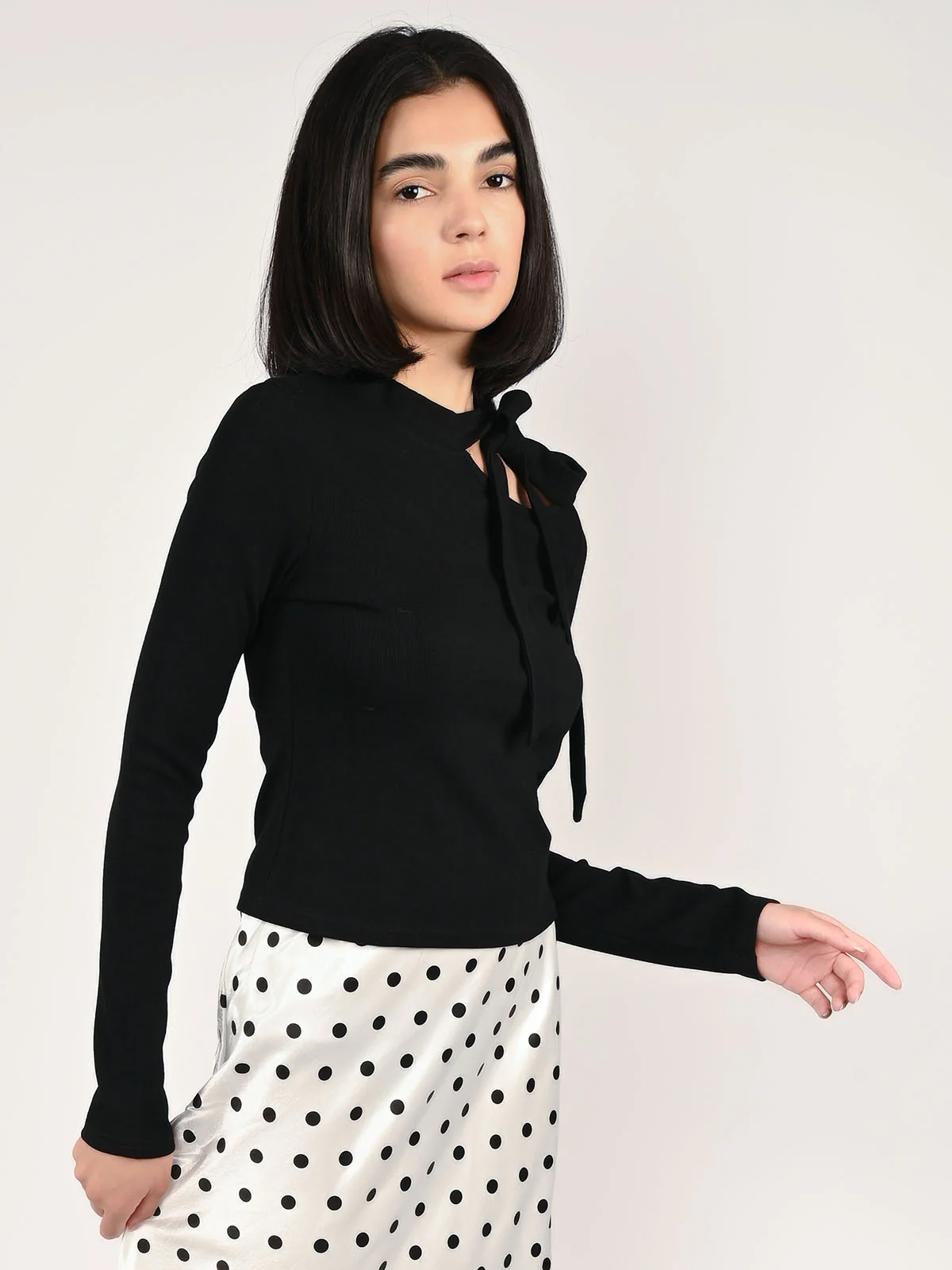 Odette Black Cotton Rib Solid Top For Women - Image 2