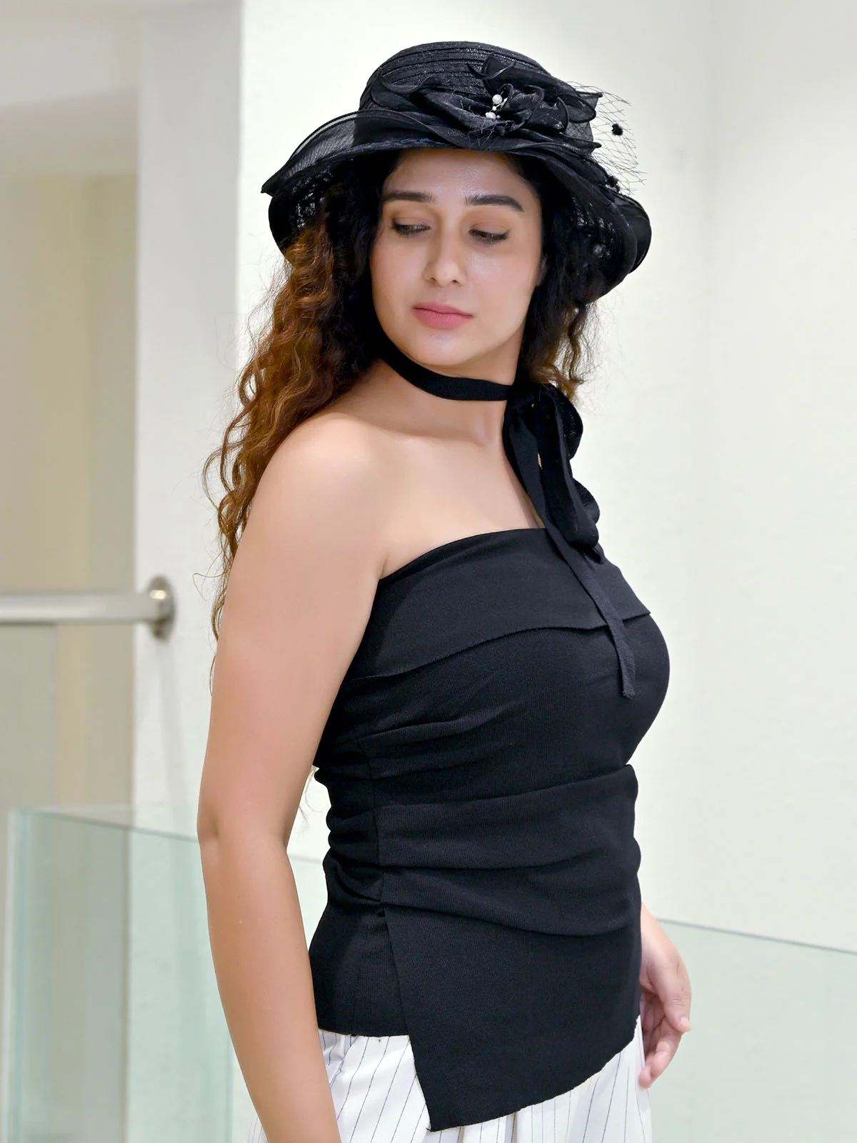 Odette Black Cotton Rib Solid Top For Women - Image 3
