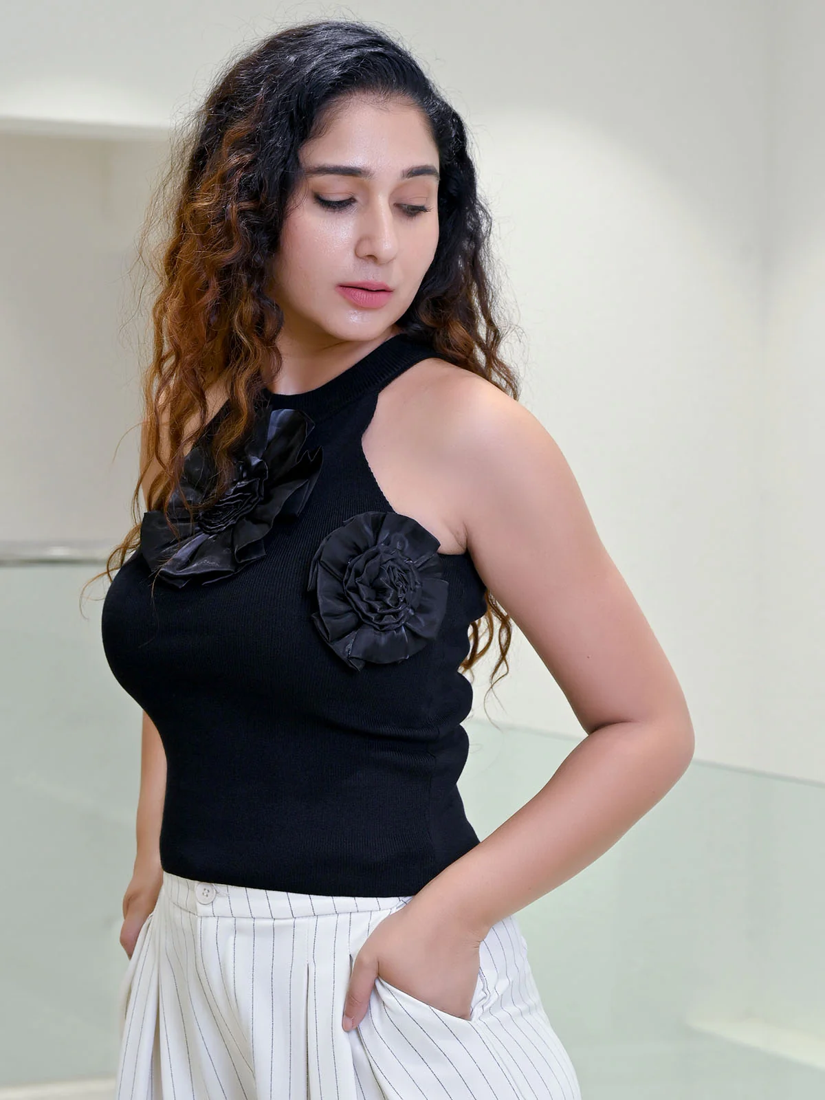 Odette Black Cotton Rib Solid Top For Women - Image 2