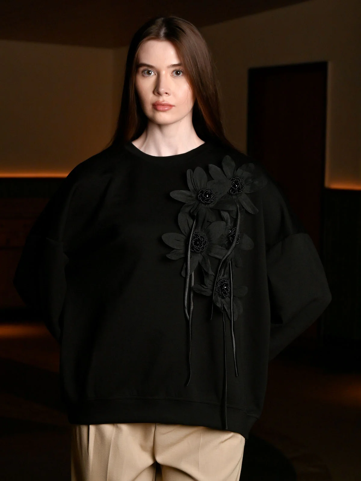Odette Black Cotton Rib Solid Top For Women - Image 2
