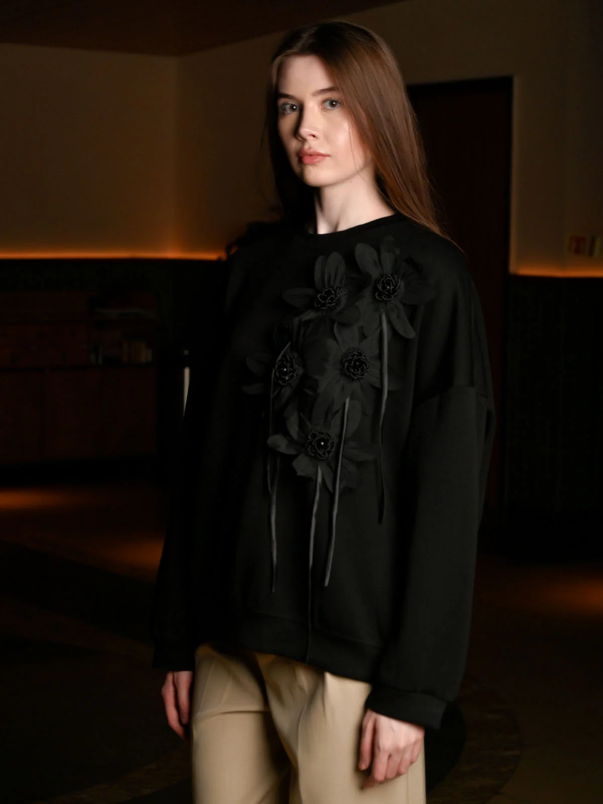 Odette Black Cotton Rib Solid Top For Women - Image 3
