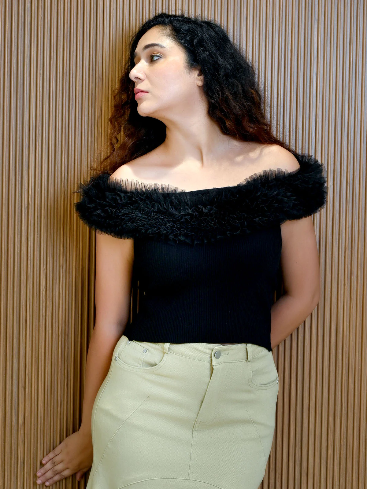 Odette Black Cotton Rib Solid Top For Women Premium Fashion