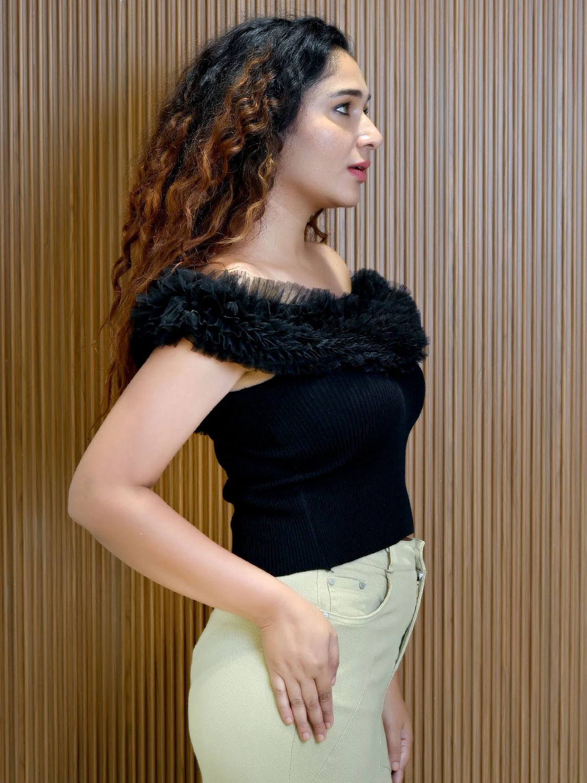 Odette Black Cotton Rib Solid Top For Women Premium Fashion - Image 2