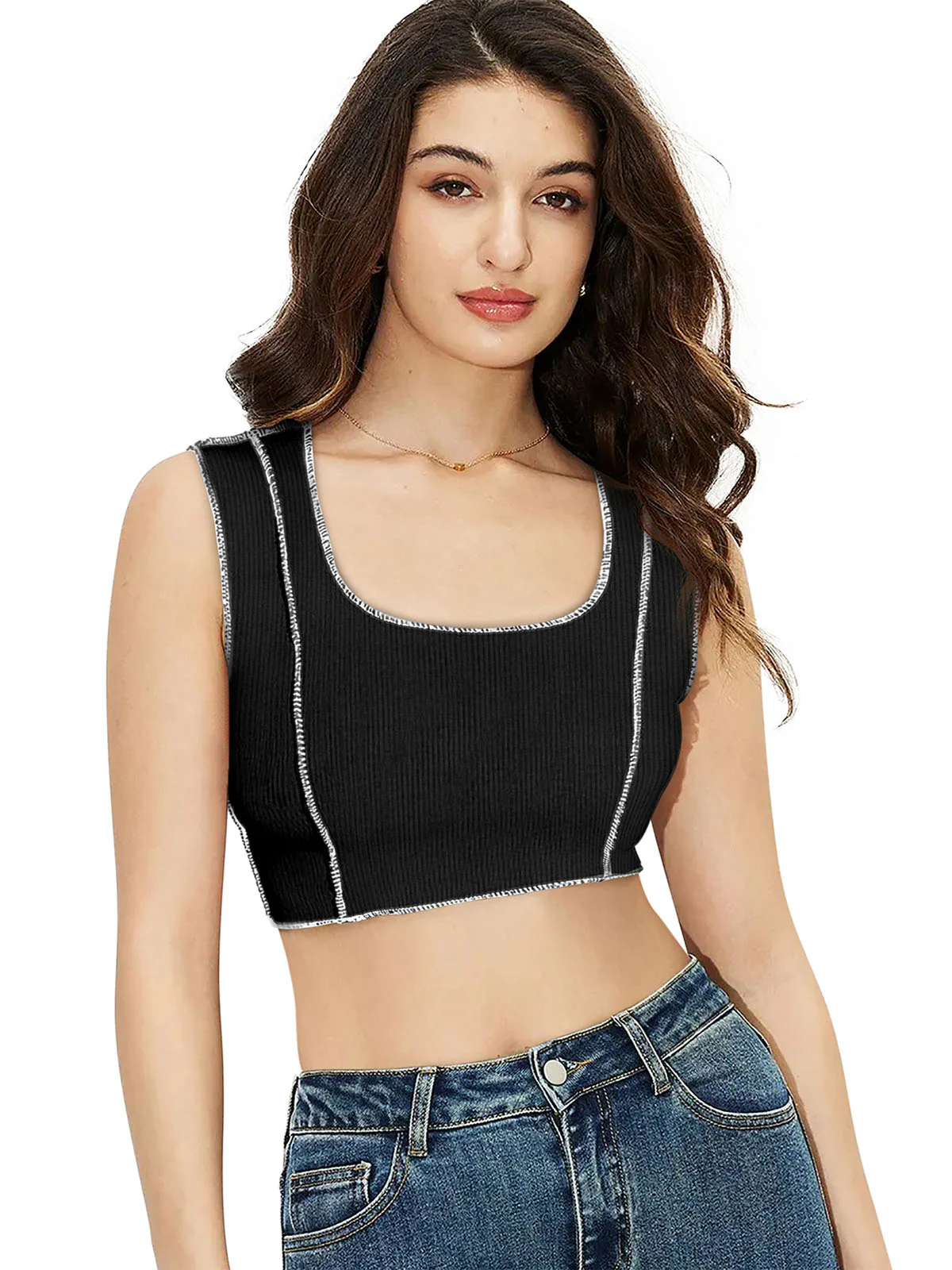 Odette Black Cotton Solid Top For Women - Image 3