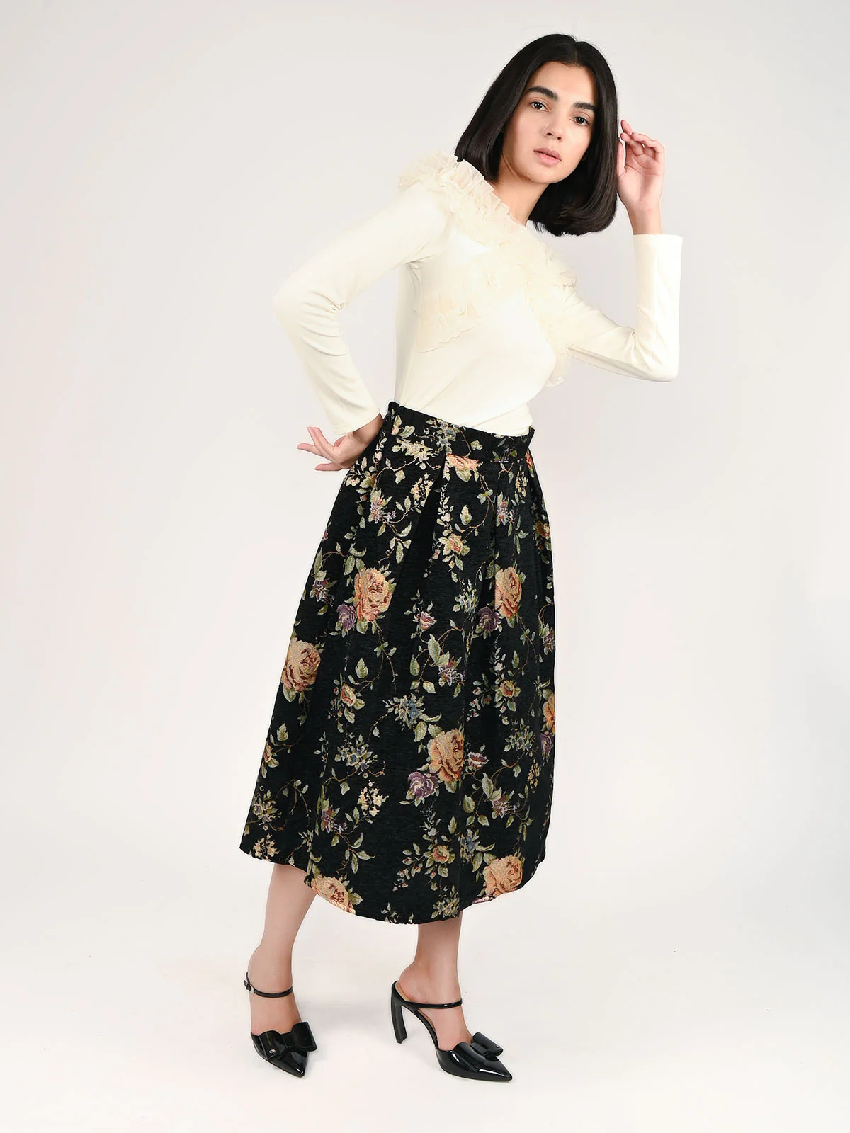Odette Black Cotton Twill Woven Skirt For Women - Image 6