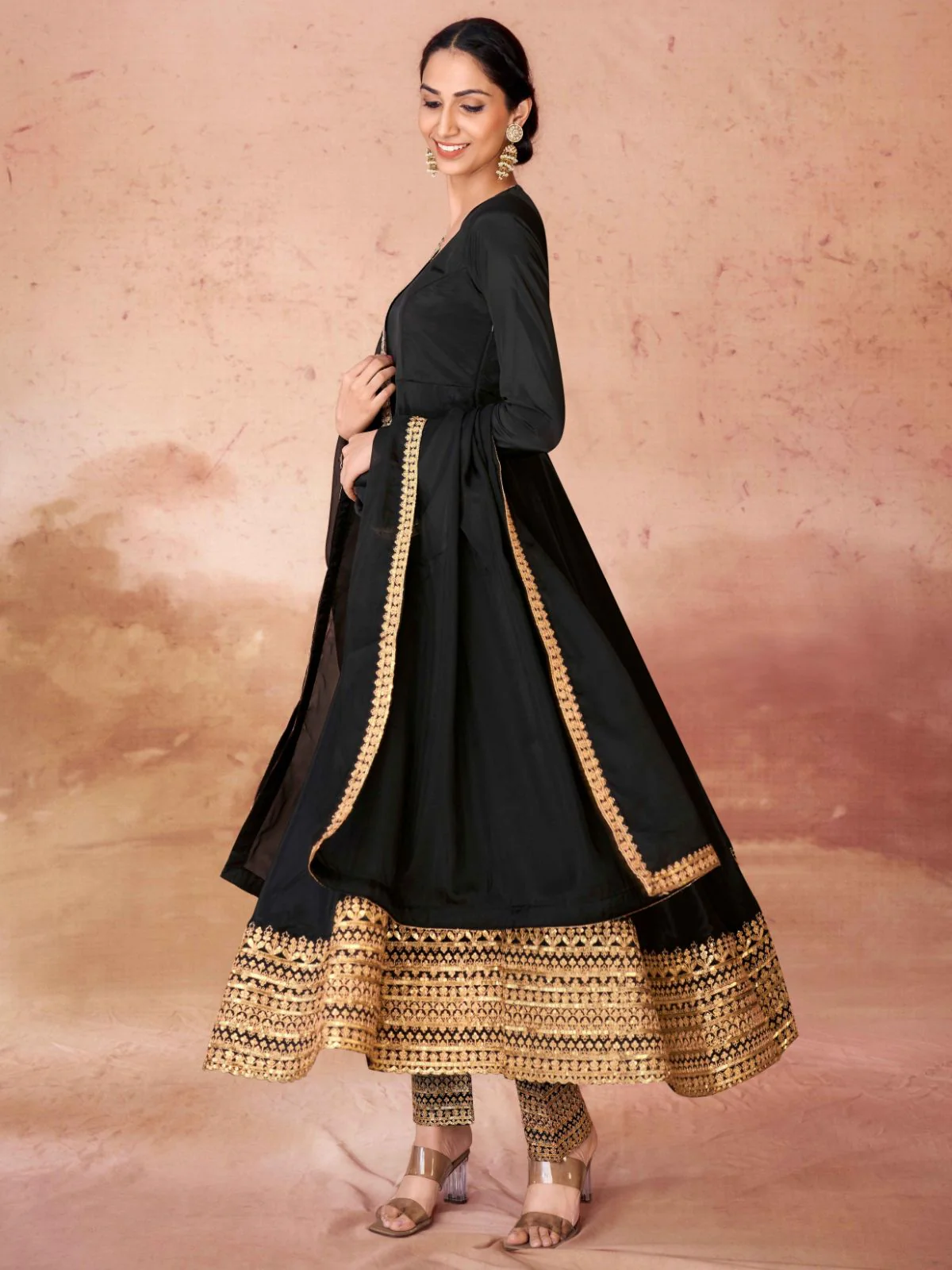 Odette Black Crepe Embroidered Stitched Gown For Women - Image 2
