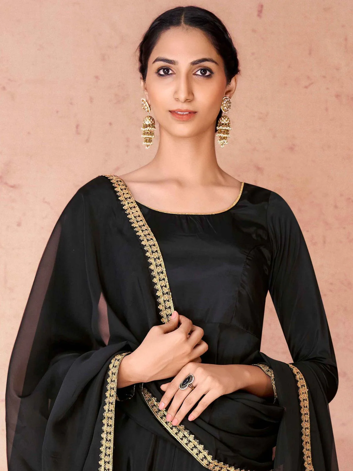 Odette Black Crepe Embroidered Stitched Gown For Women - Image 4
