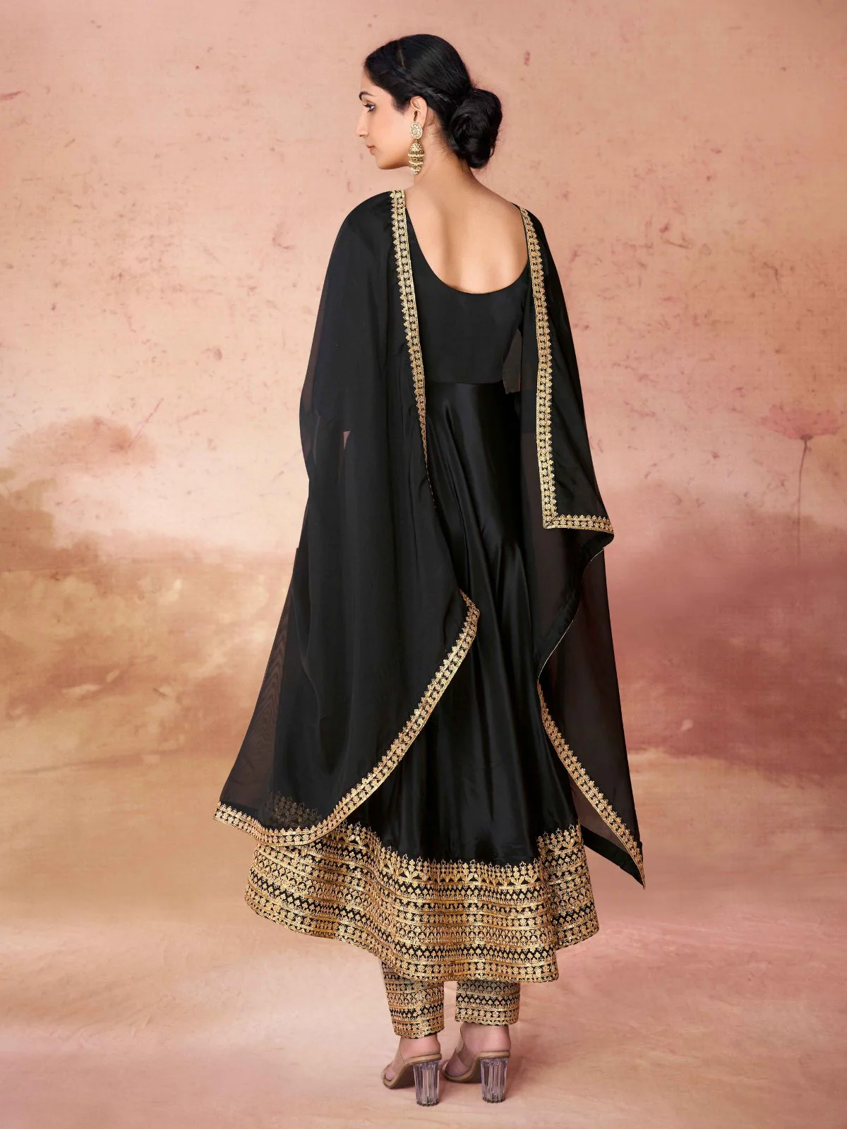 Odette Black Crepe Embroidered Stitched Gown For Women - Image 5