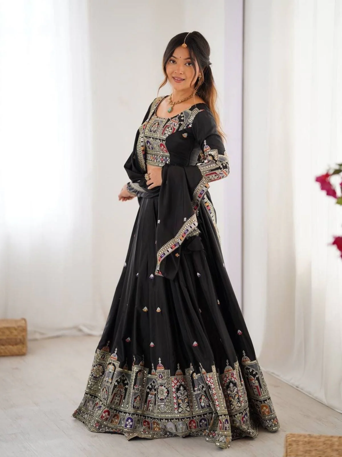 Odette Black Crepe Embellished Semi Stitched Lehenga For Women - Image 2