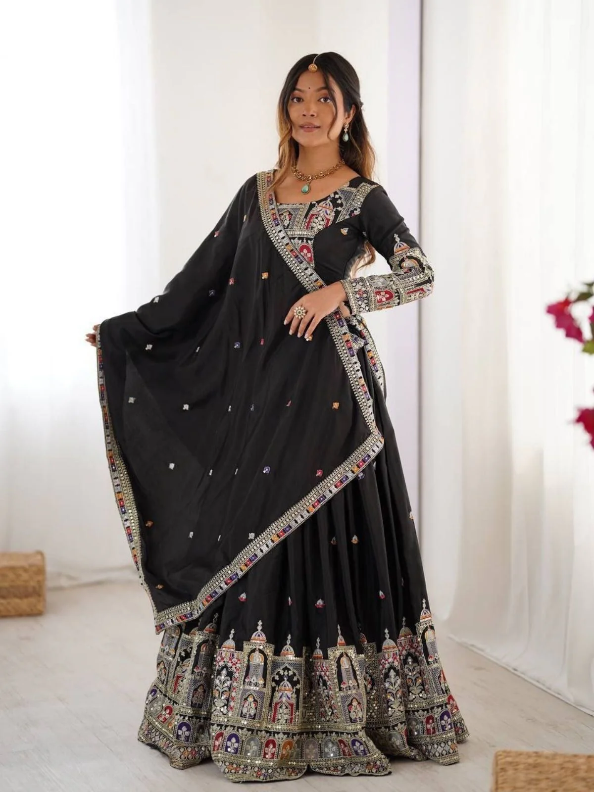 Odette Black Crepe Embellished Semi Stitched Lehenga For Women - Image 3