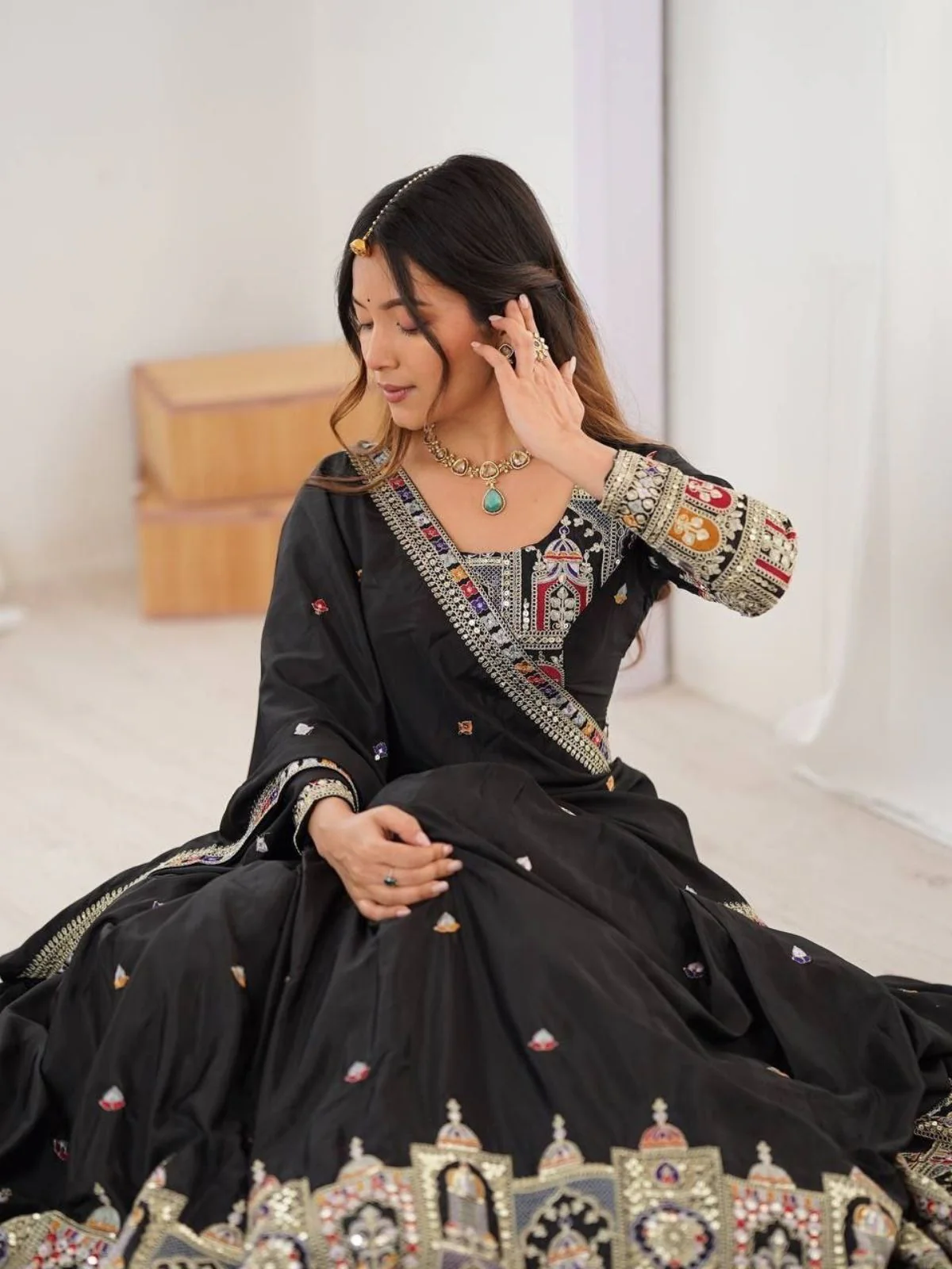 Odette Black Crepe Embellished Semi Stitched Lehenga For Women - Image 5