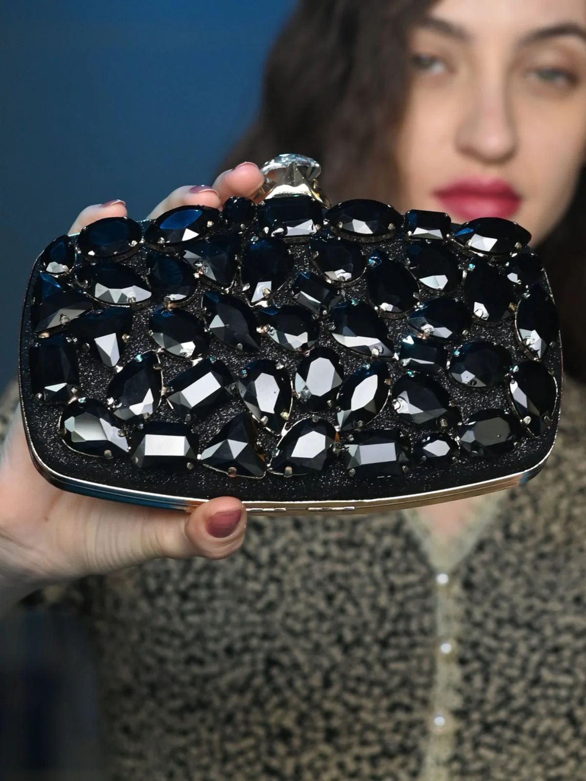 Odette Black Crystal Embellished Clutch For Women - Image 2