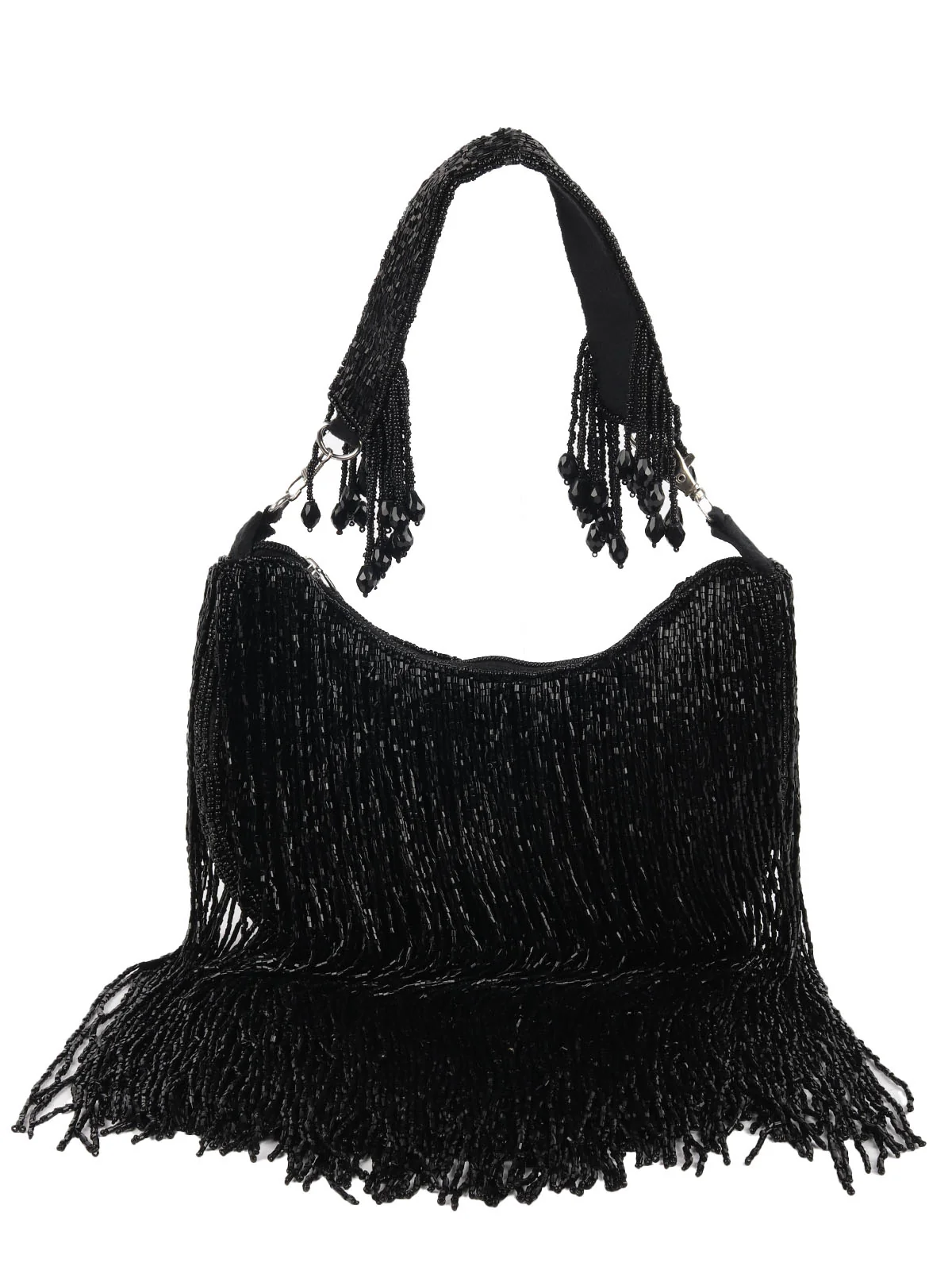 Odette Black Cutdana Beads Tasseled Clutch For Women - Image 3