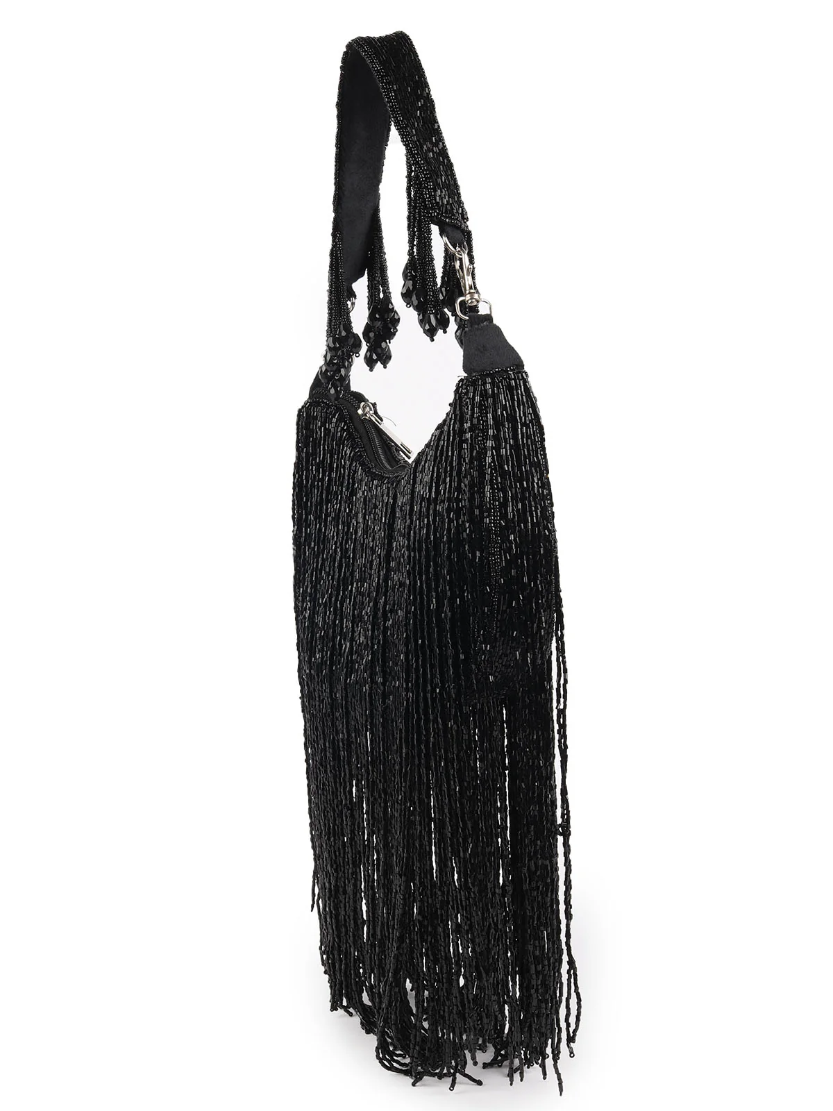 Odette Black Cutdana Beads Tasseled Clutch For Women - Image 4