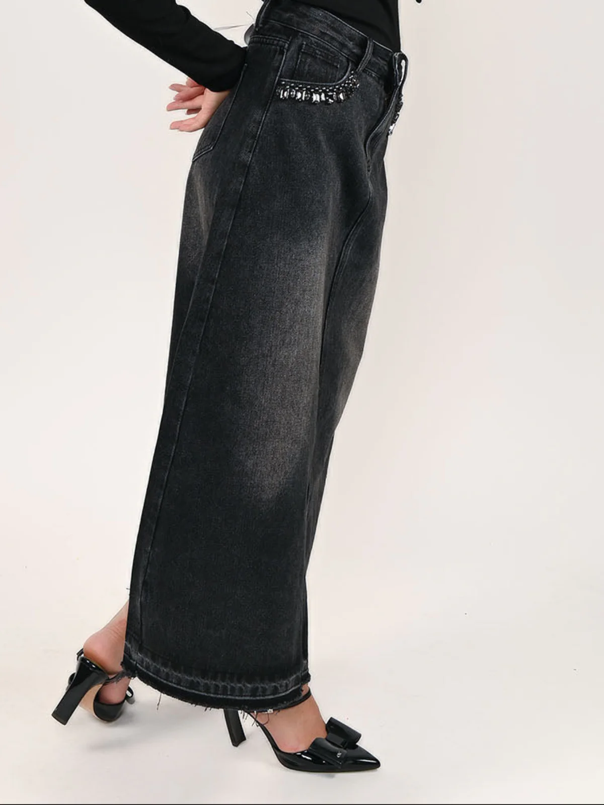 Odette Black Denim Embellished Skirt For Women - Image 2