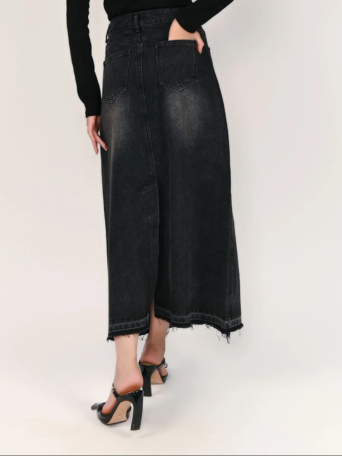 Odette Black Denim Embellished Skirt For Women - Image 4