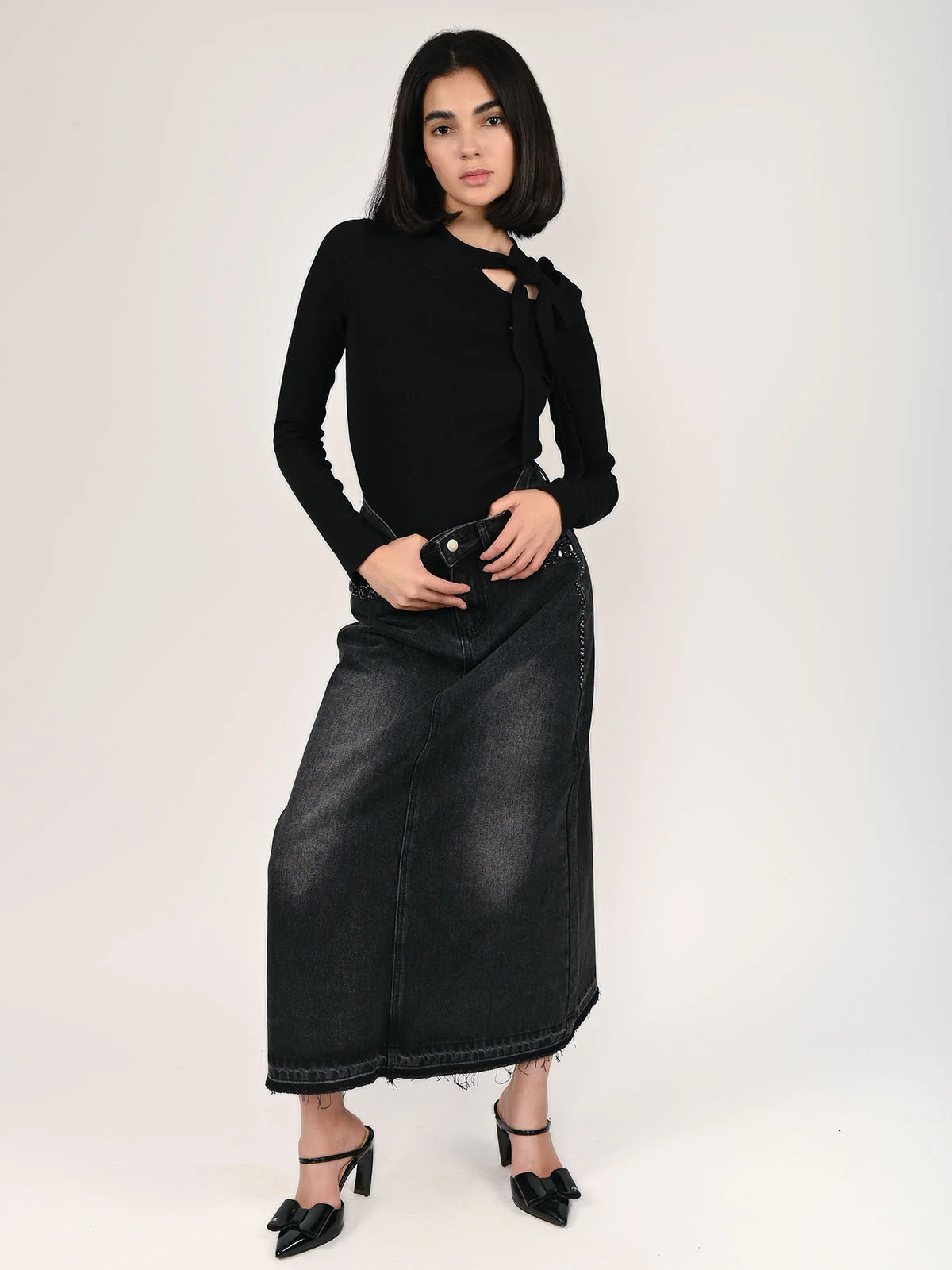 Odette Black Denim Embellished Skirt For Women - Image 6