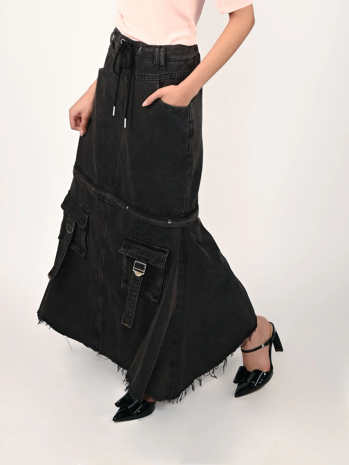 Odette Black Denim Solid Skirt For Women - Image 2