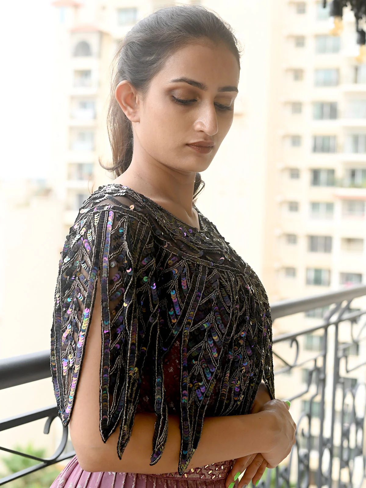 Odette Black Embellished Beads And Sequins Cape For Women - Image 2