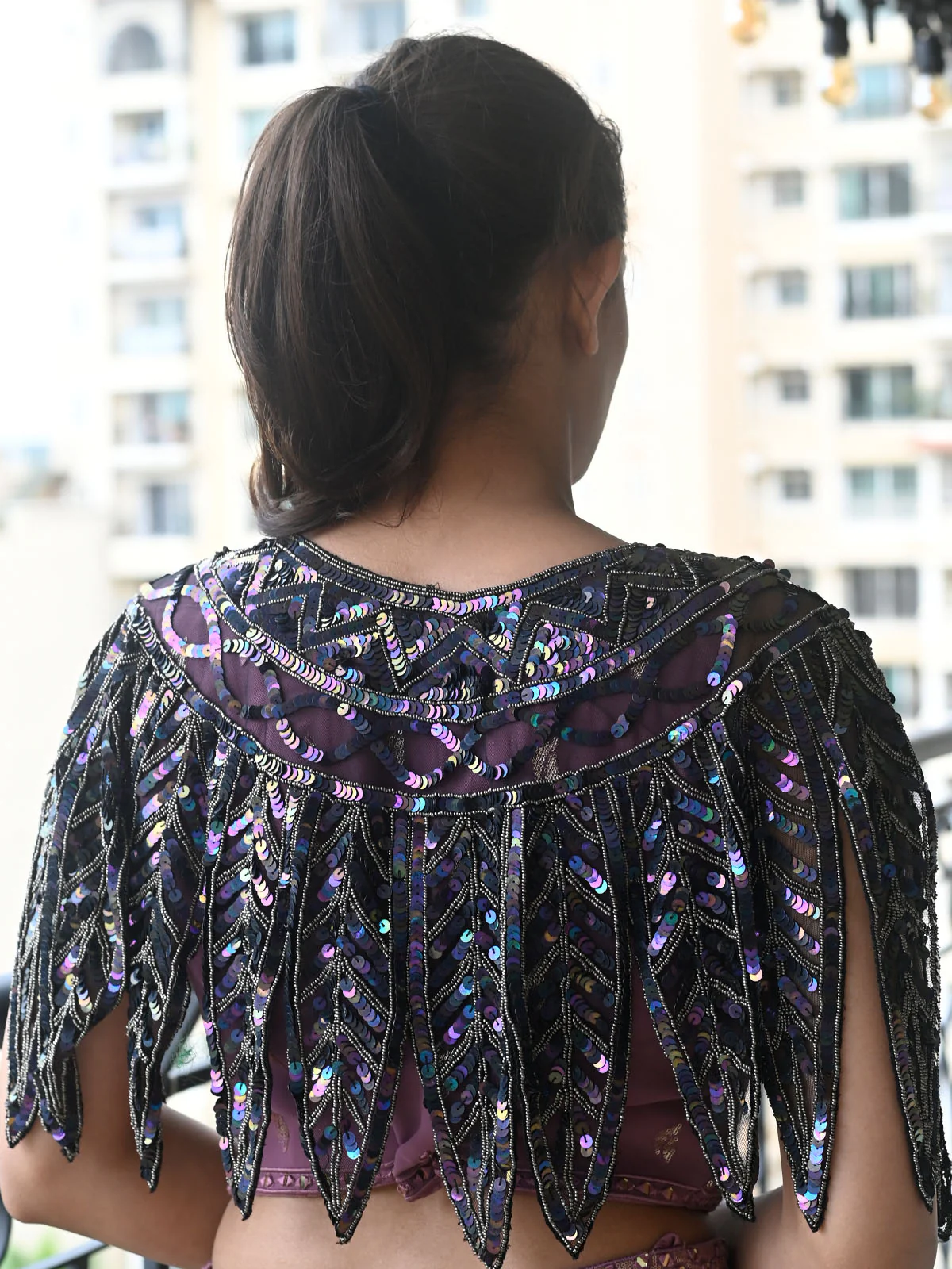Odette Black Embellished Beads And Sequins Cape For Women - Image 3