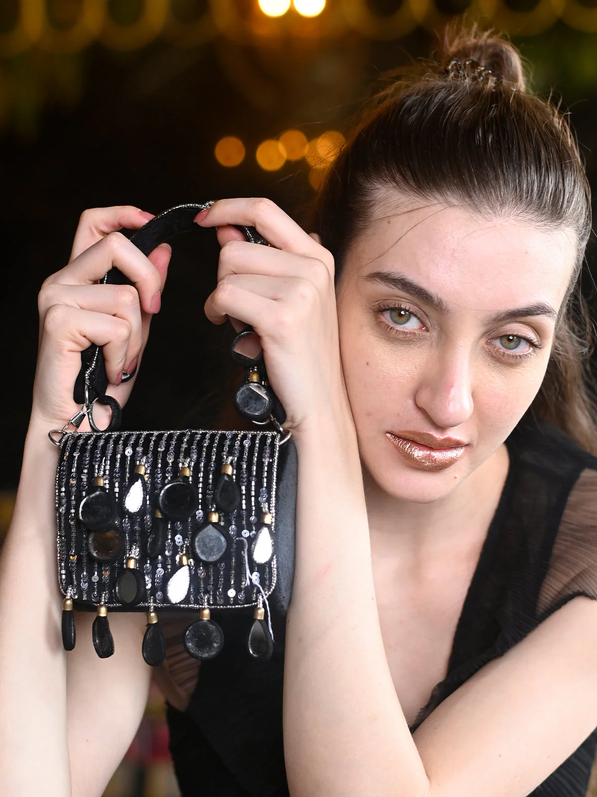 Odette Black Embellished Clutch With Tassels For Women - Image 2
