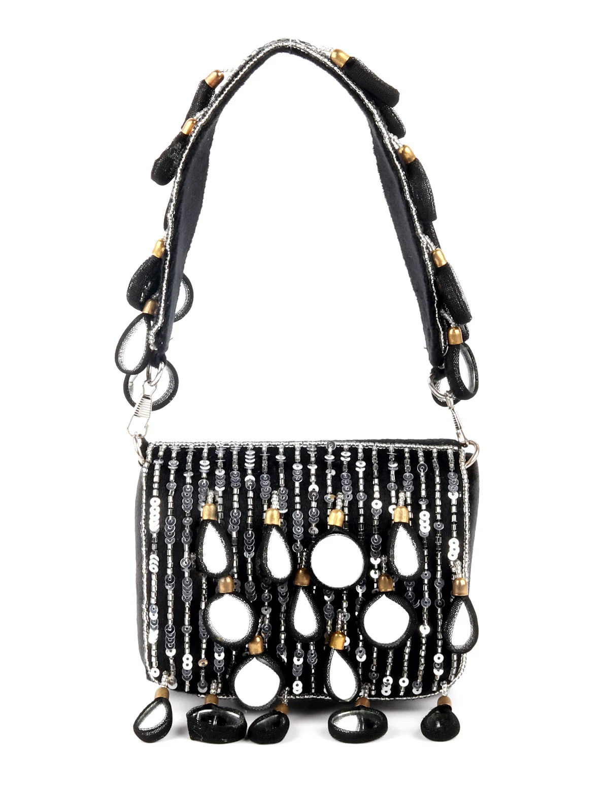 Odette Black Embellished Clutch With Tassels For Women - Image 3