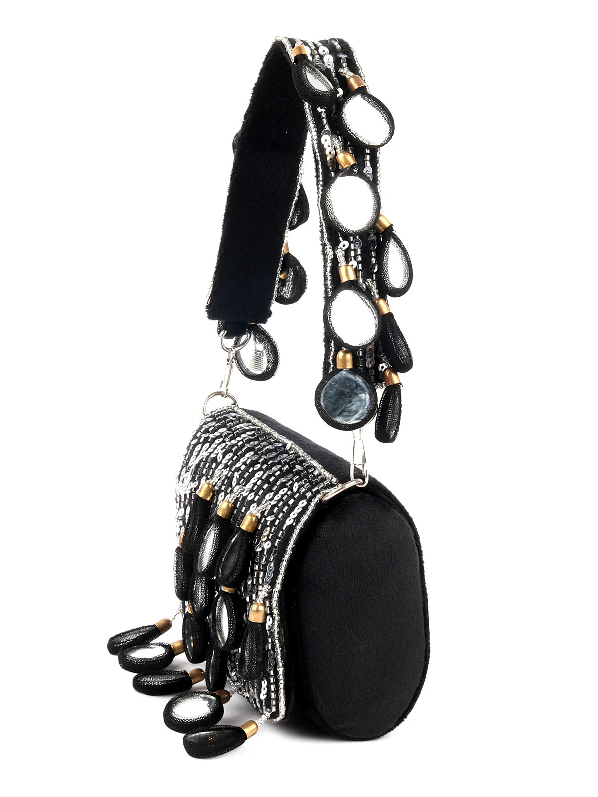 Odette Black Embellished Clutch With Tassels For Women - Image 4