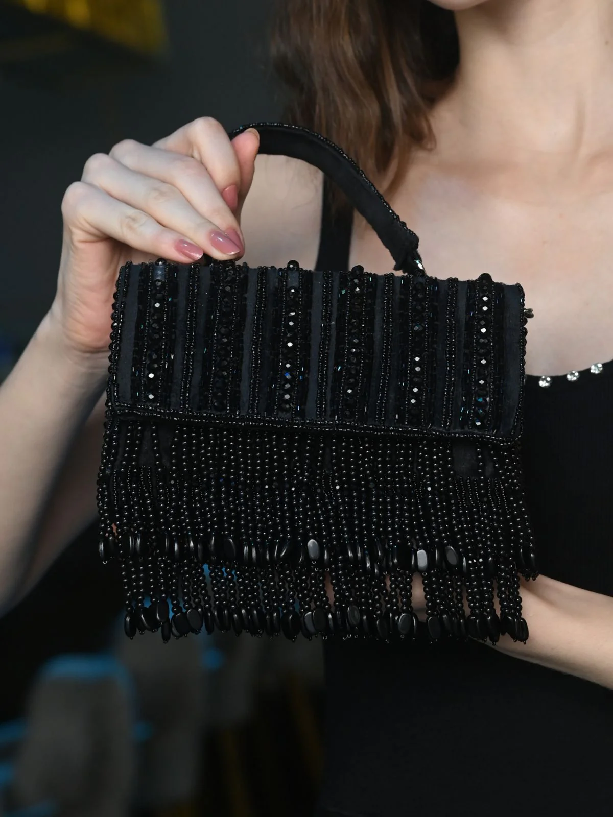 Odette Black Embellished Clutch With Tassels For Women - Image 2