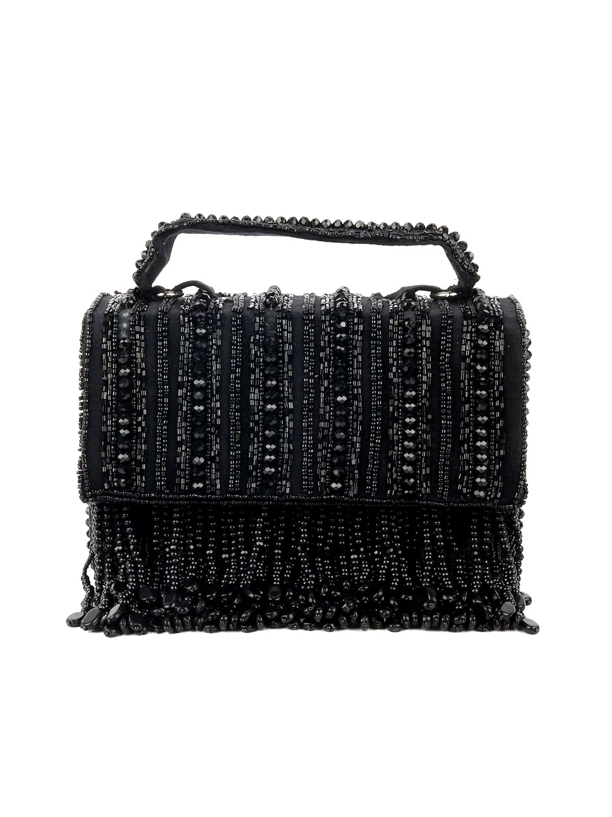 Odette Black Embellished Clutch With Tassels For Women - Image 3