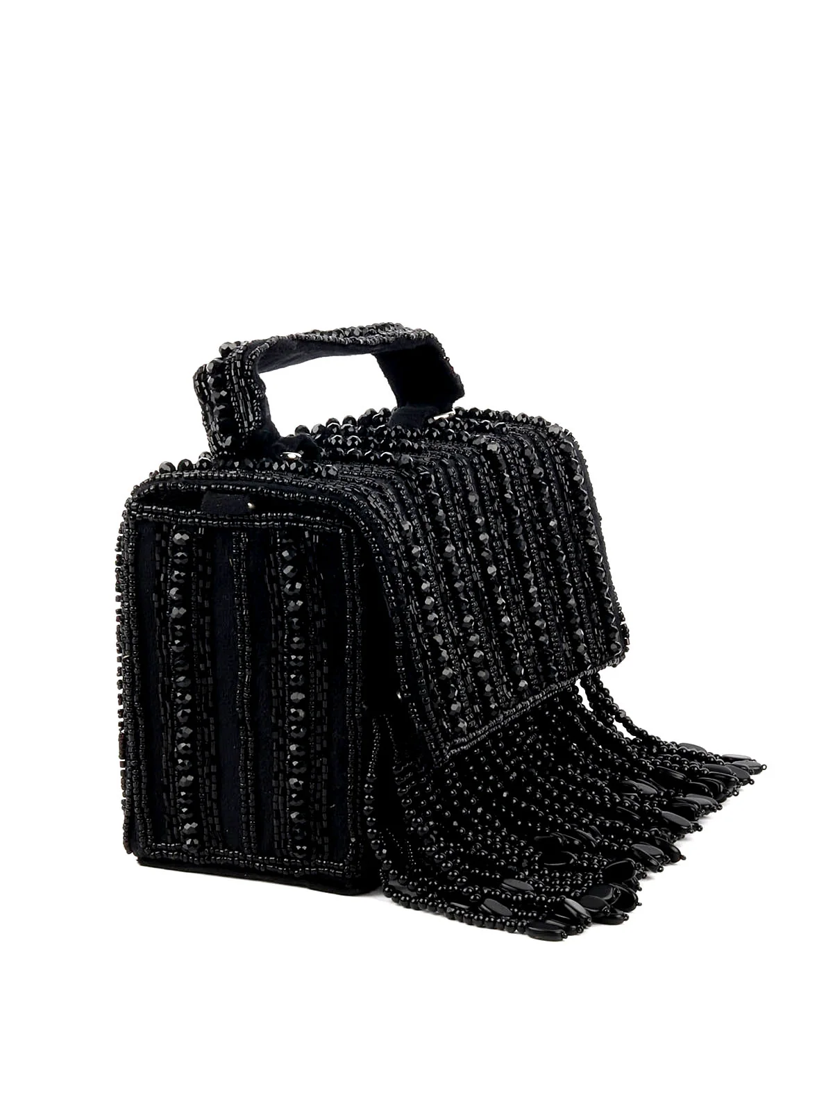 Odette Black Embellished Clutch With Tassels For Women - Image 5