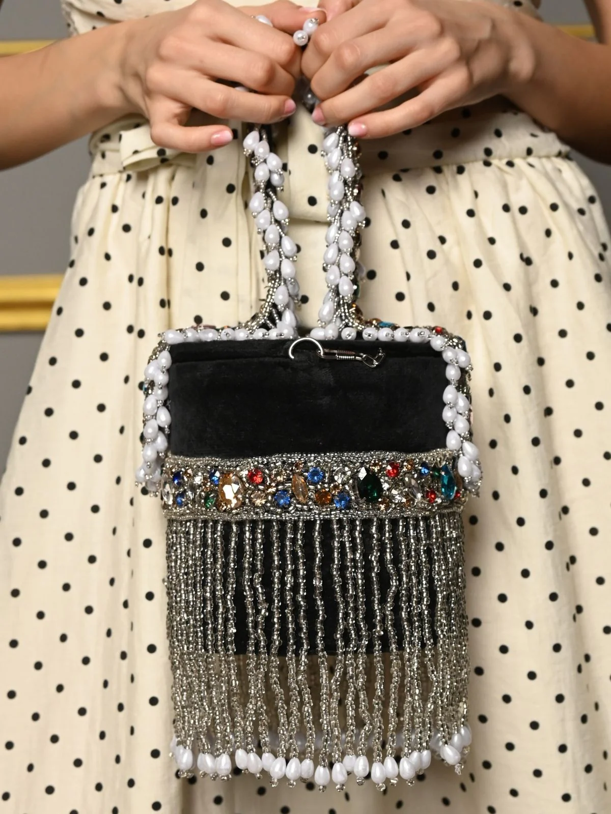 Odette Black Embellished Cylindrical Clutch With Tassels For Women - Image 4