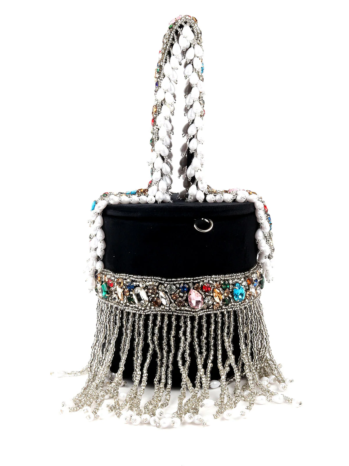 Odette Black Embellished Cylindrical Clutch With Tassels For Women - Image 7