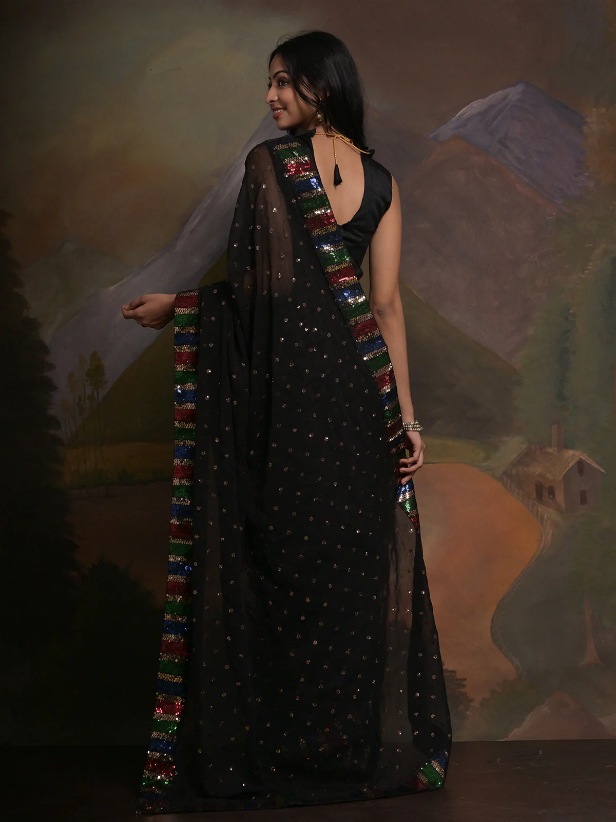 Odette Black Embellished Georgette Saree With Unstitched Blouse For Women - Image 4