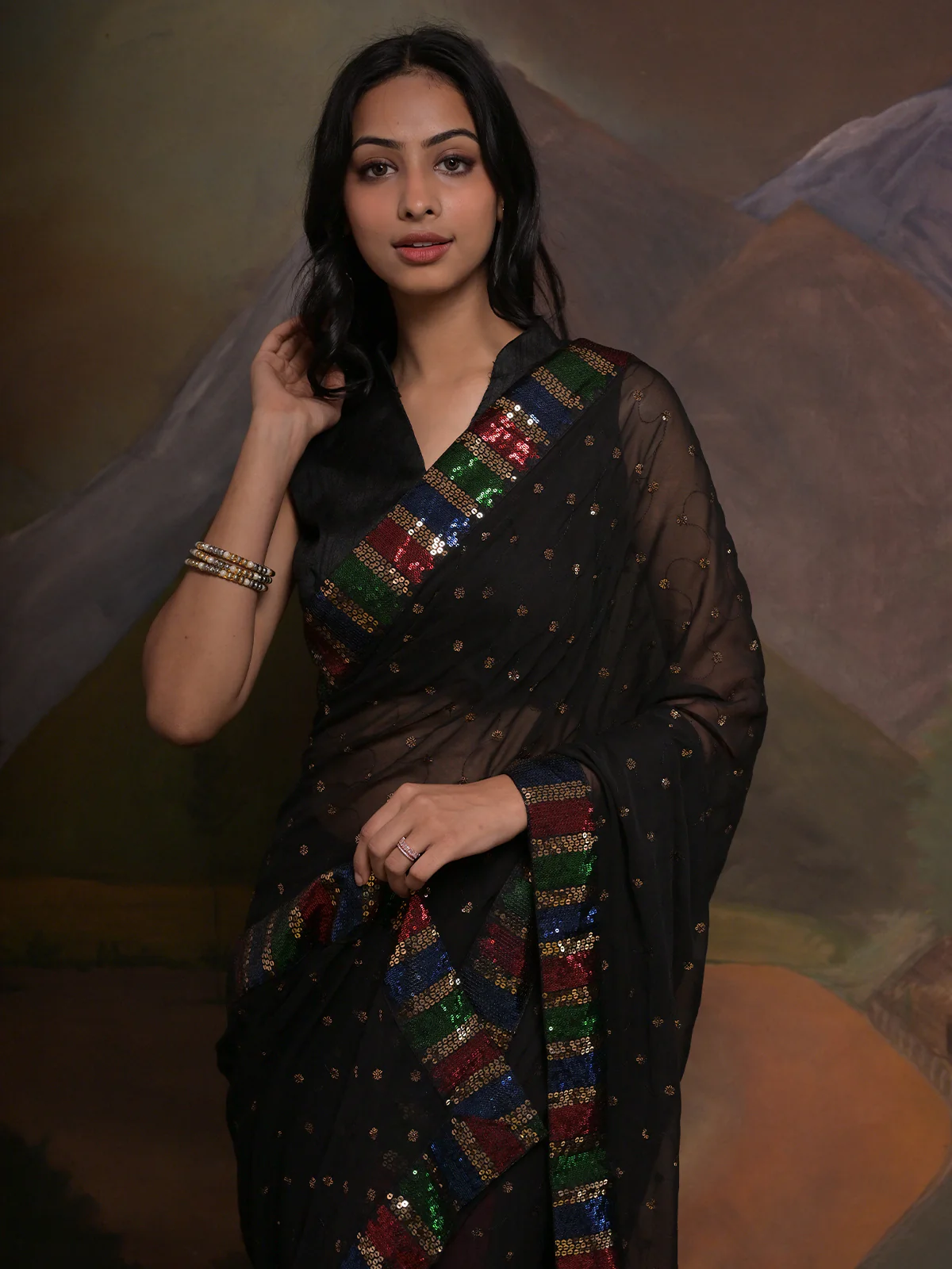 Odette Black Embellished Georgette Saree With Unstitched Blouse For Women - Image 5