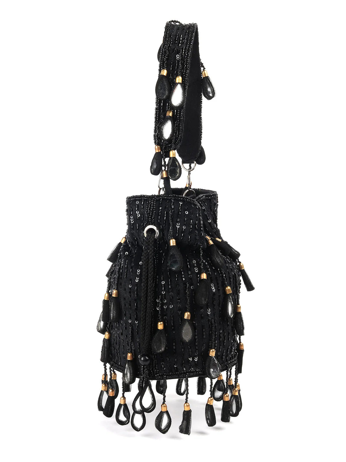 Odette Black Embellished Potli Bag with Tassesl For Women - Image 4