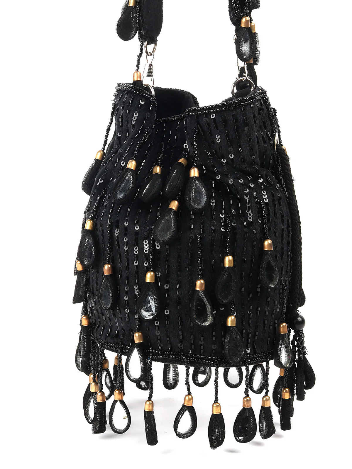 Odette Black Embellished Potli Bag with Tassesl For Women - Image 6