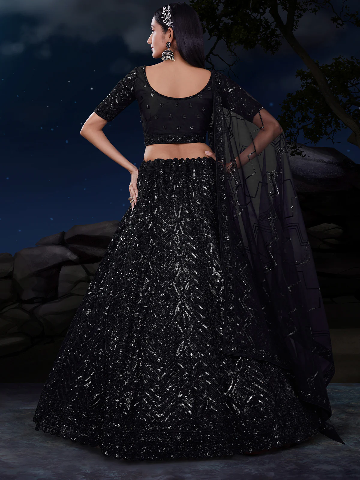 Odette Black Embellished Soft Net Semi Stitched Lehenga With Blouse For Women - Image 4