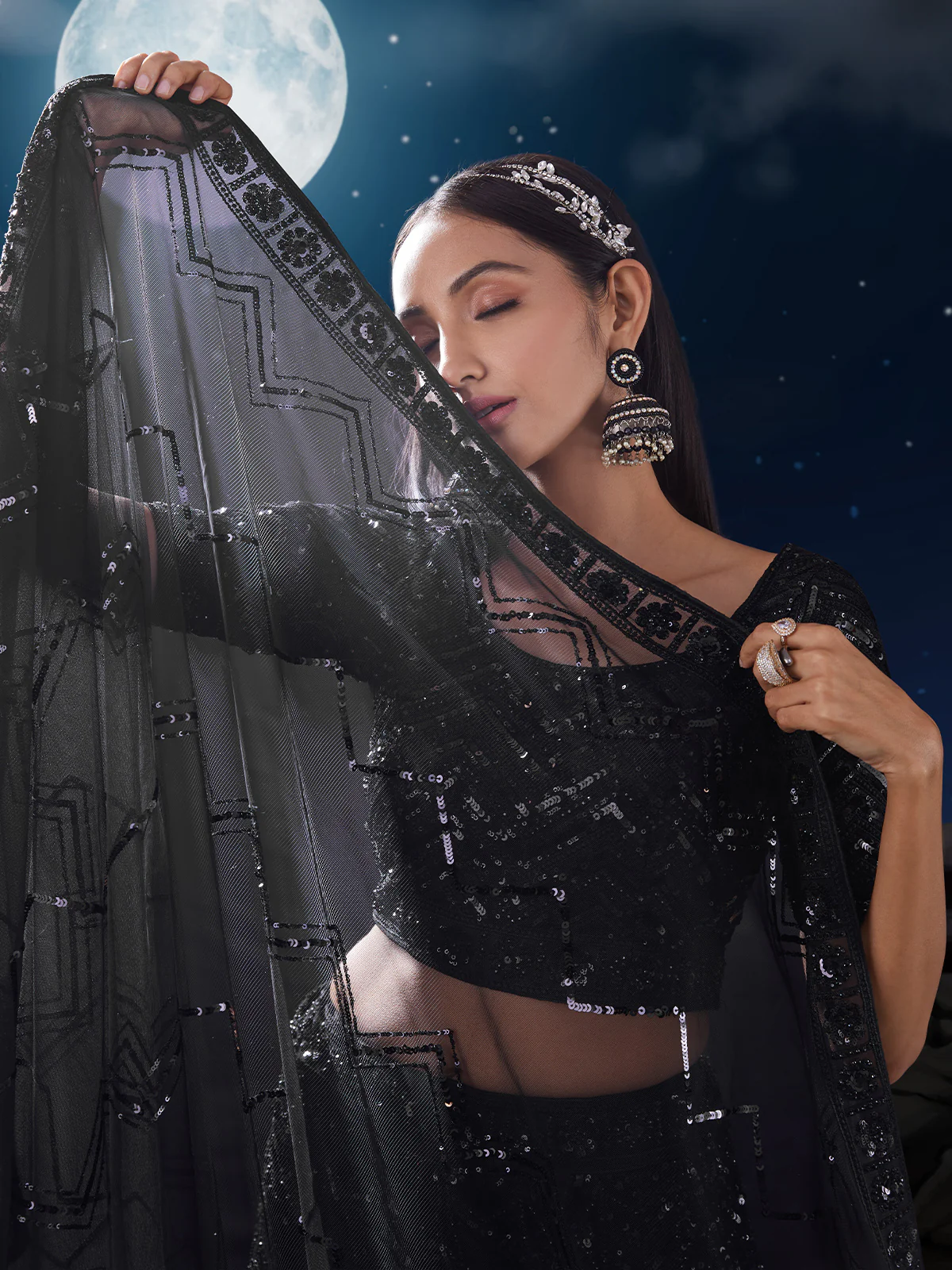 Odette Black Embellished Soft Net Semi Stitched Lehenga With Blouse For Women - Image 5