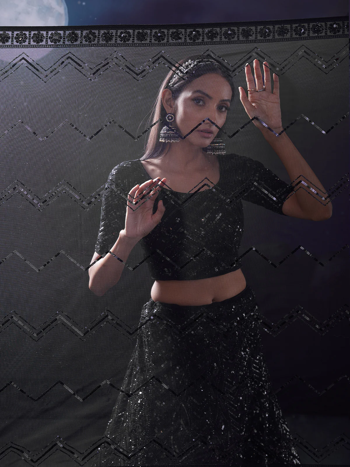 Odette Black Embellished Soft Net Semi Stitched Lehenga With Blouse For Women - Image 6