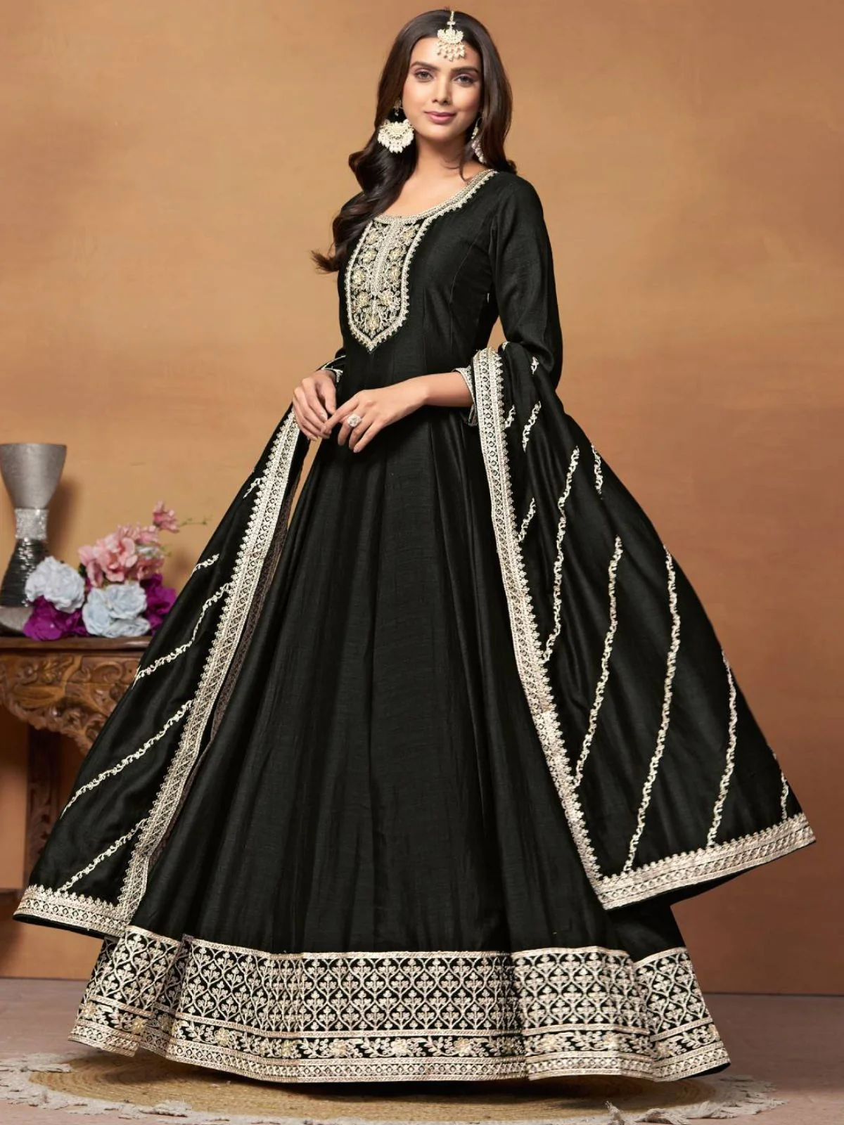 Odette Black Embroidered Art Silk Unstitched Gown For Women - Image 2