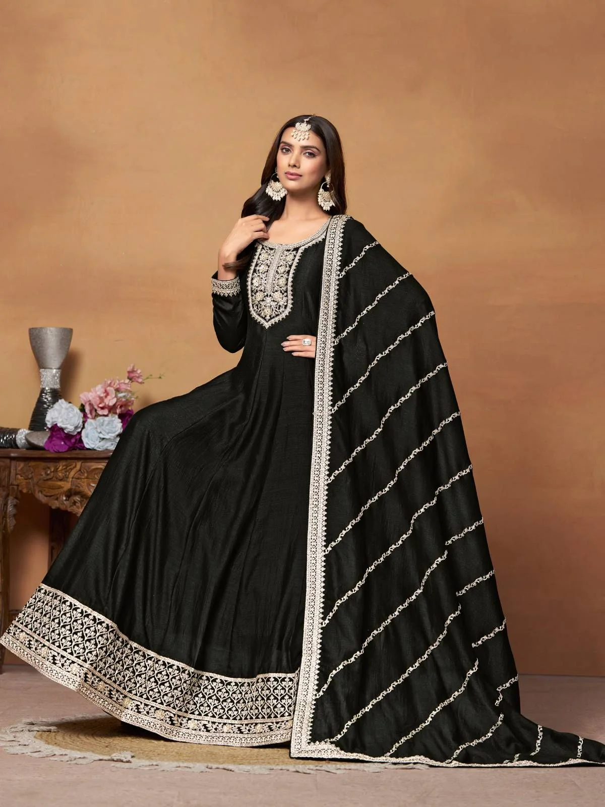 Odette Black Embroidered Art Silk Unstitched Gown For Women - Image 3