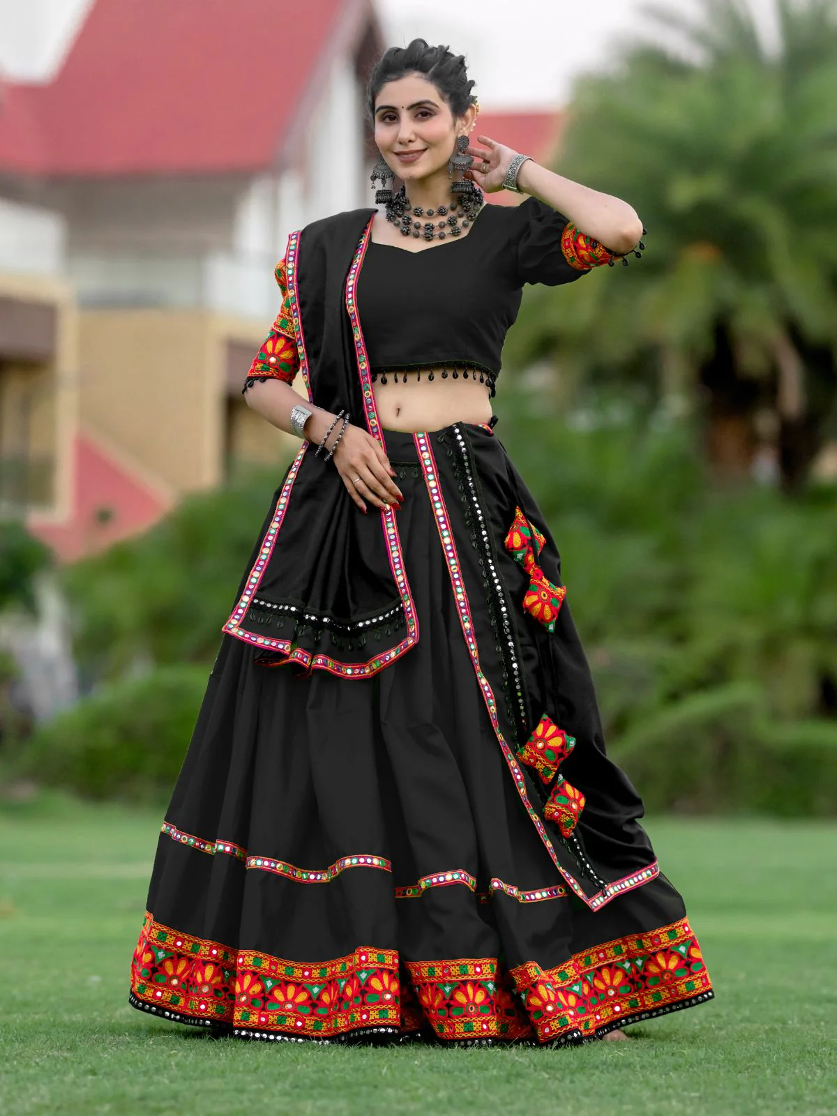 Odette Black Embroidered Cotton Semi Stitched Lehenga With Unstitched Blouse For Women - Image 2