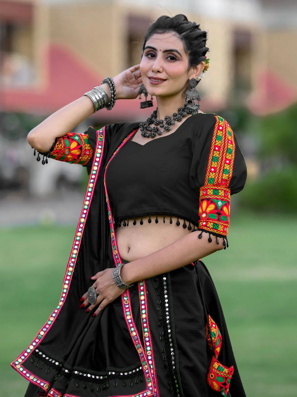 Odette Black Embroidered Cotton Semi Stitched Lehenga With Unstitched Blouse For Women - Image 6