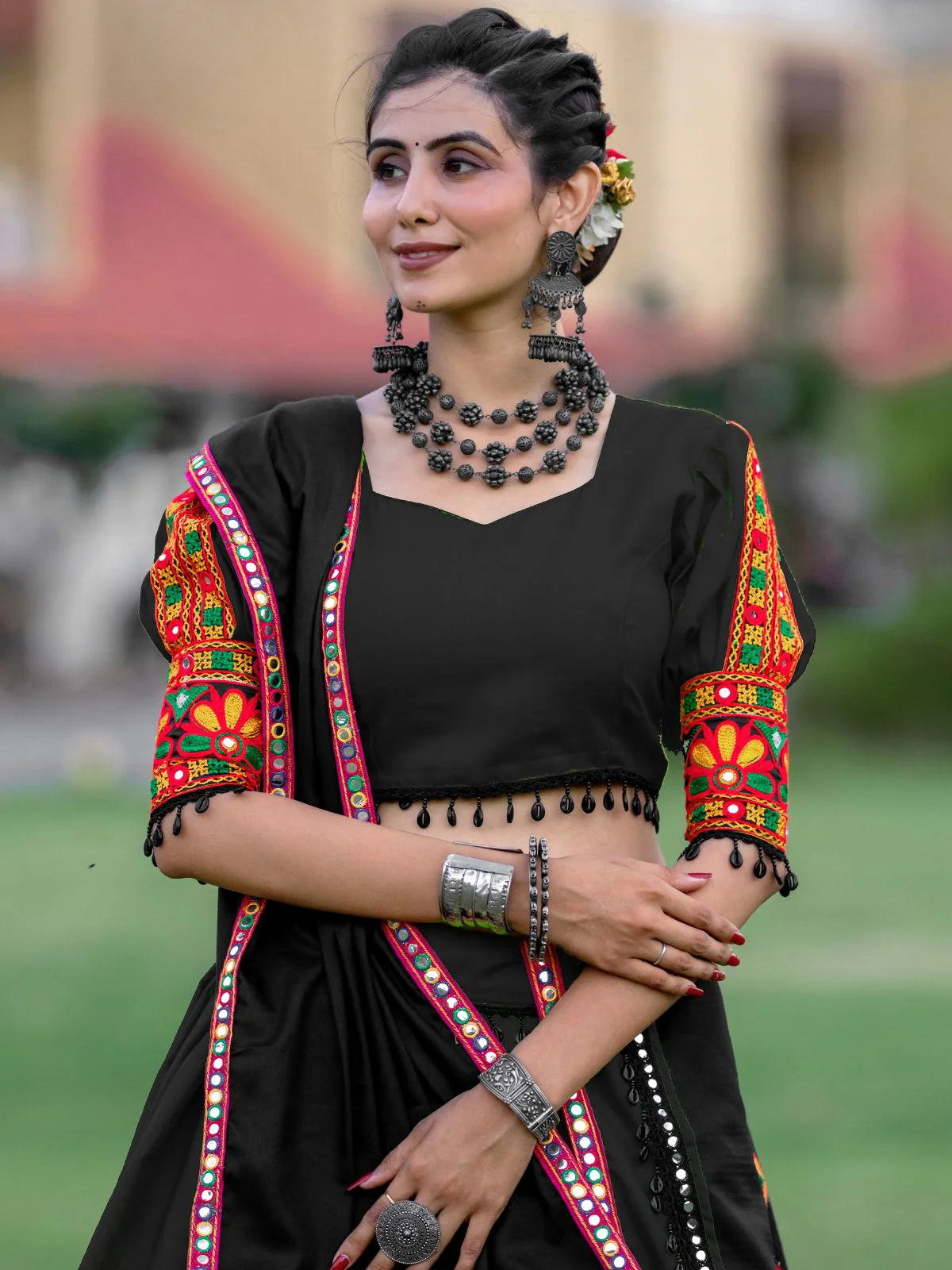 Odette Black Embroidered Cotton Semi Stitched Lehenga With Unstitched Blouse For Women - Image 7