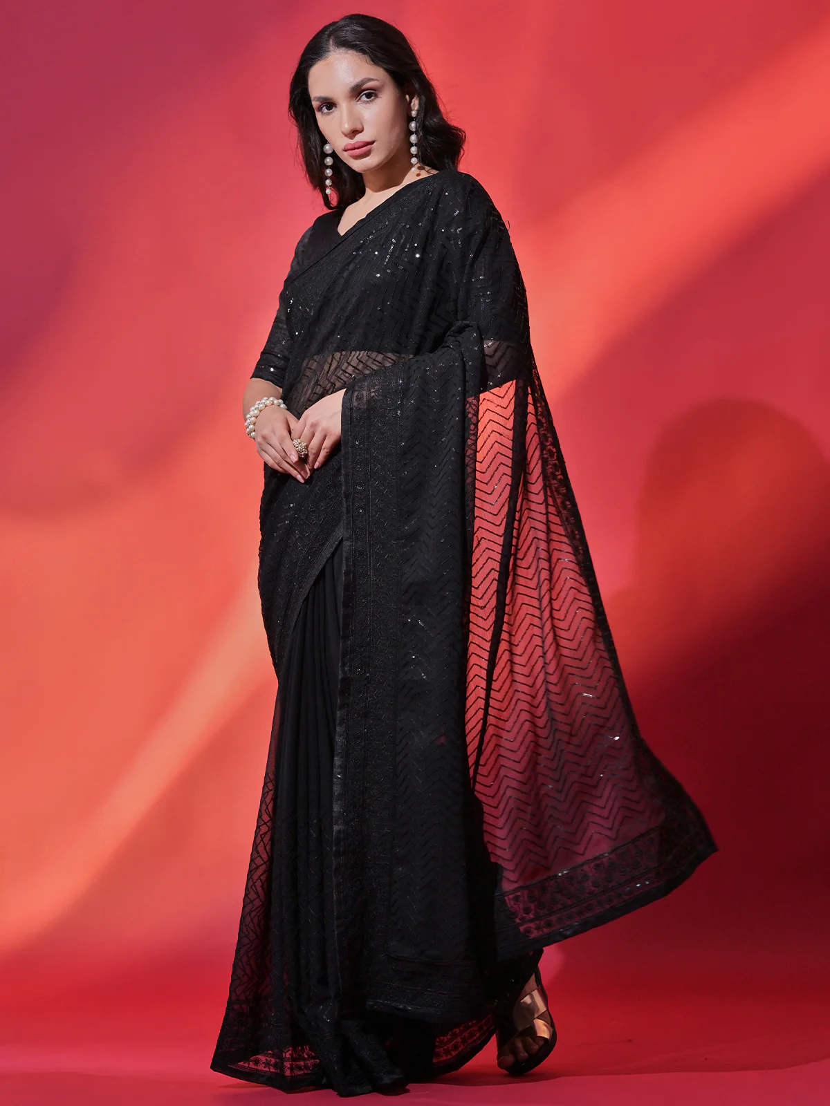 Odette Black Embellished Georgette Saree With Unstitched Blouse For Women - Image 2