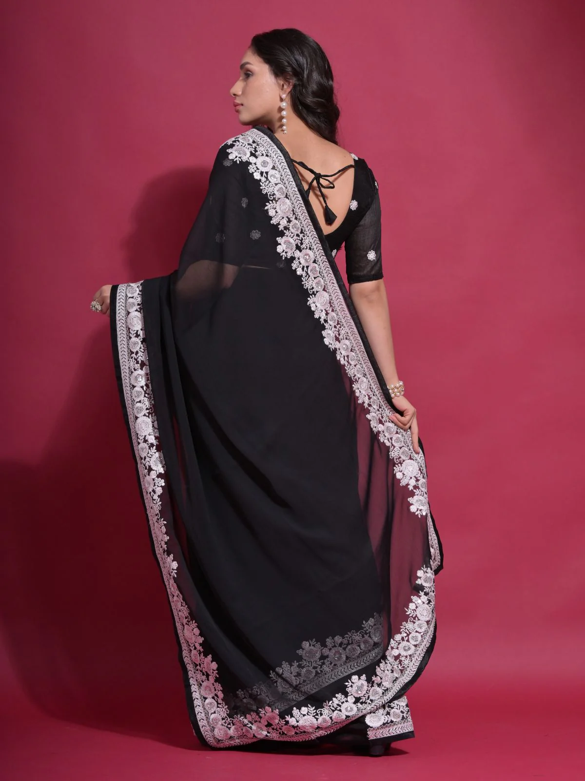 Odette Black Embroidered Georgette Saree With Unstitched Blouse For Women - Image 5